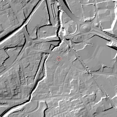 Shaded relief map of the ground around DY47EW, computed from Environment Agency LiDAR. The ground here sits at about 126 m above sea level and falls 20 m across the surrounding 800 m. Surface water reaching this point runs off ground lying to the south-south-east, 10.4 m higher.