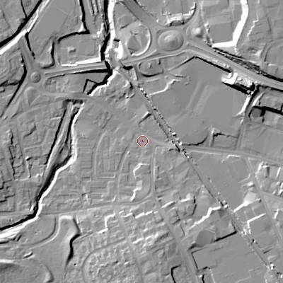 Shaded relief map of the ground around DY47HA, computed from Environment Agency LiDAR. The ground here sits at about 126 m above sea level and falls 21 m across the surrounding 800 m. Surface water reaching this point runs off ground lying to the south-south-east, 6.7 m higher.