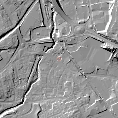 Shaded relief map of the ground around DY47HF, computed from Environment Agency LiDAR. The ground here sits at about 126 m above sea level and falls 21 m across the surrounding 800 m. Surface water reaching this point runs off ground lying to the south-south-east, 10.4 m higher.