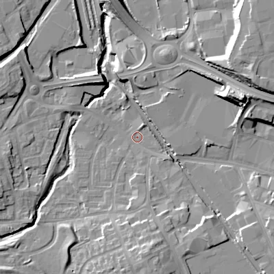 Shaded relief map of the ground around DY47HG, computed from Environment Agency LiDAR. The ground here sits at about 126 m above sea level and falls 21 m across the surrounding 800 m. Surface water reaching this point runs off ground lying to the south-south-east, 6.7 m higher.