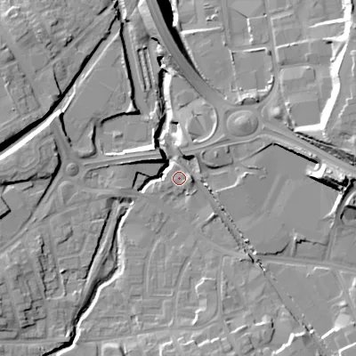 Shaded relief map of the ground around DY47HJ, computed from Environment Agency LiDAR. The ground here sits at about 126 m above sea level and falls 21 m across the surrounding 800 m. Surface water reaching this point runs off ground lying to the east, 2.0 m higher.