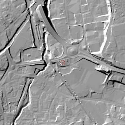 Shaded relief map of the ground around DY47HW, computed from Environment Agency LiDAR. The ground here sits at about 130 m above sea level and falls 21 m across the surrounding 800 m. Surface water reaching this point runs off ground lying to the west, 1.5 m higher.