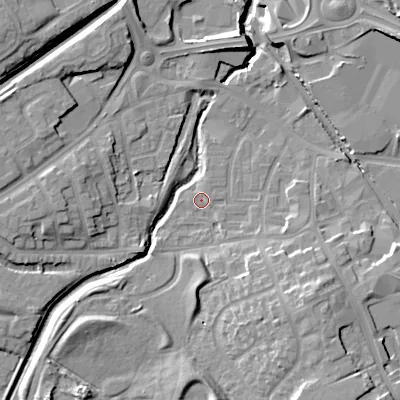 Shaded relief map of the ground around DY47HZ, computed from Environment Agency LiDAR. The ground here sits at about 125 m above sea level and falls 15 m across the surrounding 800 m. Surface water reaching this point runs off ground lying to the south-east, 10.6 m higher.