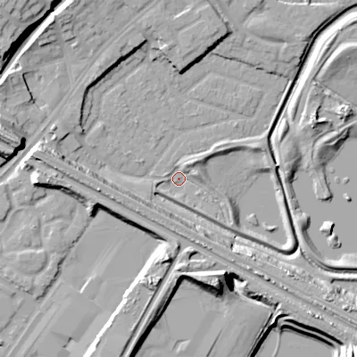 Shaded relief map of the ground around DY47PT, computed from Environment Agency LiDAR. The ground here sits at about 126 m above sea level and falls 22 m across the surrounding 800 m. Surface water reaching this point runs off ground lying to the north-east, 3.3 m higher.