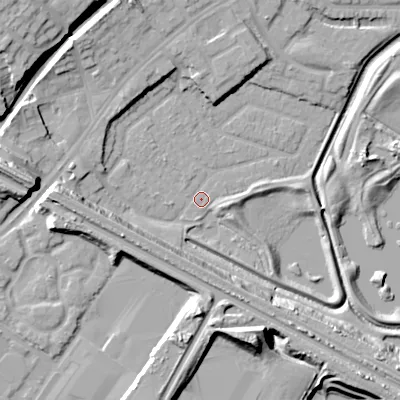 Shaded relief map of the ground around DY47PU, computed from Environment Agency LiDAR. The ground here sits at about 126 m above sea level and falls 21 m across the surrounding 800 m. Surface water reaching this point runs off ground lying to the west, 14.4 m higher.