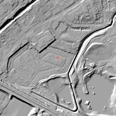 Shaded relief map of the ground around DY47PY, computed from Environment Agency LiDAR. The ground here sits at about 126 m above sea level and falls 19 m across the surrounding 800 m. Surface water reaching this point runs off ground lying to the west-south-west, 14.4 m higher.