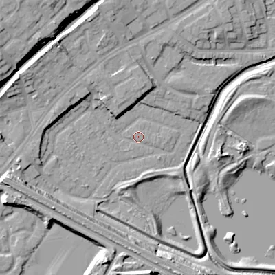 Shaded relief map of the ground around DY47PZ, computed from Environment Agency LiDAR. The ground here sits at about 126 m above sea level and falls 20 m across the surrounding 800 m. Surface water reaching this point runs off ground lying to the west-south-west, 14.7 m higher.