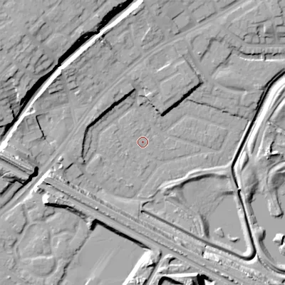 Shaded relief map of the ground around DY47QA, computed from Environment Agency LiDAR. The ground here sits at about 126 m above sea level and falls 21 m across the surrounding 800 m. Surface water reaching this point runs off ground lying to the west, 15.6 m higher.