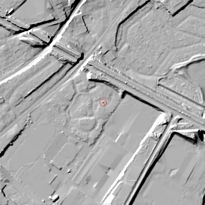 Shaded relief map of the ground around DY47RW, computed from Environment Agency LiDAR. The ground here sits at about 133 m above sea level and falls 21 m across the surrounding 800 m. Surface water reaching this point runs off ground lying to the south-west, 11.4 m higher.