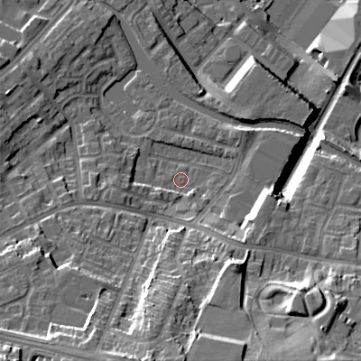 Shaded relief map of the ground around DY47SQ, computed from Environment Agency LiDAR. The ground here sits at about 145 m above sea level and falls 36 m across the surrounding 800 m. Surface water reaching this point runs off ground lying to the south-south-west, 24.0 m higher.