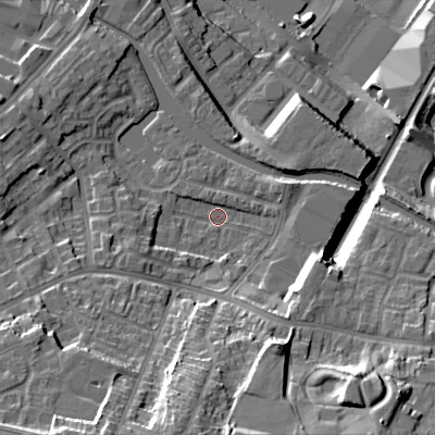 Shaded relief map of the ground around DY47SX, computed from Environment Agency LiDAR. The ground here sits at about 145 m above sea level and falls 33 m across the surrounding 800 m. Surface water reaching this point runs off ground lying to the south-south-west, 20.9 m higher.