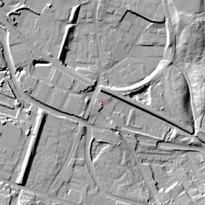 Shaded relief map of the ground around DY49AJ, computed from Environment Agency LiDAR. The ground here sits at about 142 m above sea level and falls 18 m across the surrounding 800 m. Surface water reaching this point runs off ground lying to the south-west, 5.4 m higher.