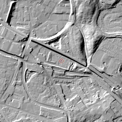 Shaded relief map of the ground around DY49AL, computed from Environment Agency LiDAR. The ground here sits at about 139 m above sea level and falls 18 m across the surrounding 800 m. Surface water reaching this point runs off ground lying to the west, 6.0 m higher.