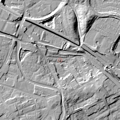 Shaded relief map of the ground around DY49BB, computed from Environment Agency LiDAR. The ground here sits at about 138 m above sea level and falls 15 m across the surrounding 800 m. Surface water reaching this point runs off ground lying to the south-west, 13.5 m higher.