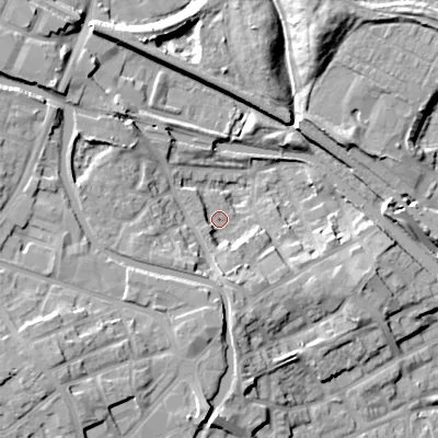 Shaded relief map of the ground around DY49BG, computed from Environment Agency LiDAR. The ground here sits at about 138 m above sea level and falls 16 m across the surrounding 800 m. Surface water reaching this point runs off ground lying to the south-south-east, 3.7 m higher.