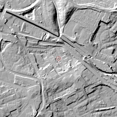 Shaded relief map of the ground around DY49BQ, computed from Environment Agency LiDAR. The ground here sits at about 138 m above sea level and falls 17 m across the surrounding 800 m. Surface water reaching this point runs off ground lying to the south-south-west, 9.3 m higher.