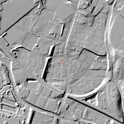 Shaded relief map of the ground around DY49BS, computed from Environment Agency LiDAR. The ground here sits at about 142 m above sea level and falls 19 m across the surrounding 800 m. Surface water reaching this point runs off ground lying to the north-north-west, 15.6 m higher.