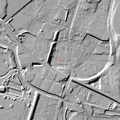 Shaded relief map of the ground around DY49BU, computed from Environment Agency LiDAR. The ground here sits at about 141 m above sea level and falls 17 m across the surrounding 800 m. Surface water reaching this point runs off ground lying to the south, 7.9 m higher.