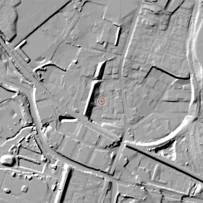 Shaded relief map of the ground around DY49BX, computed from Environment Agency LiDAR. The ground here sits at about 141 m above sea level and falls 16 m across the surrounding 800 m. Surface water reaching this point runs off ground lying to the south-west, 10.6 m higher.