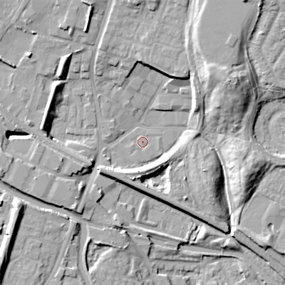 Shaded relief map of the ground around DY49DD, computed from Environment Agency LiDAR. The ground here sits at about 140 m above sea level and falls 18 m across the surrounding 800 m. Surface water reaching this point runs off ground lying to the south-west, 7.1 m higher.