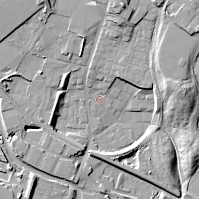 Shaded relief map of the ground around DY49DE, computed from Environment Agency LiDAR. The ground here sits at about 142 m above sea level and falls 19 m across the surrounding 800 m. Surface water reaching this point runs off ground lying to the north-north-east, 15.9 m higher.