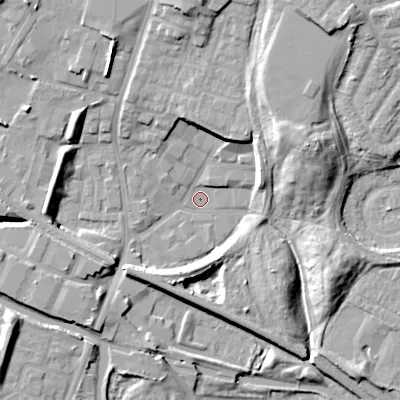 Shaded relief map of the ground around DY49DF, computed from Environment Agency LiDAR. The ground here sits at about 140 m above sea level and falls 18 m across the surrounding 800 m. Surface water reaching this point runs off ground lying to the south-west, 8.9 m higher.