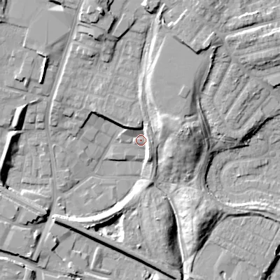 Shaded relief map of the ground around DY49DU, computed from Environment Agency LiDAR. The ground here sits at about 142 m above sea level and falls 19 m across the surrounding 800 m. Surface water reaching this point runs off ground lying to the north-north-west, 18.6 m higher.