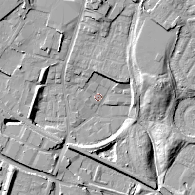 Shaded relief map of the ground around DY49DX, computed from Environment Agency LiDAR. The ground here sits at about 141 m above sea level and falls 19 m across the surrounding 800 m. Surface water reaching this point runs off ground lying to the north, 18.6 m higher.