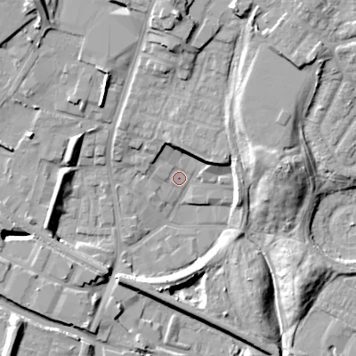 Shaded relief map of the ground around DY49DY, computed from Environment Agency LiDAR. The ground here sits at about 141 m above sea level and falls 19 m across the surrounding 800 m. Surface water reaching this point runs off ground lying to the north, 18.6 m higher.