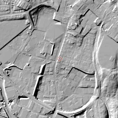 Shaded relief map of the ground around DY49EB, computed from Environment Agency LiDAR. The ground here sits at about 146 m above sea level and falls 25 m across the surrounding 800 m. Surface water reaching this point runs off ground lying to the north-north-east, 12.1 m higher.