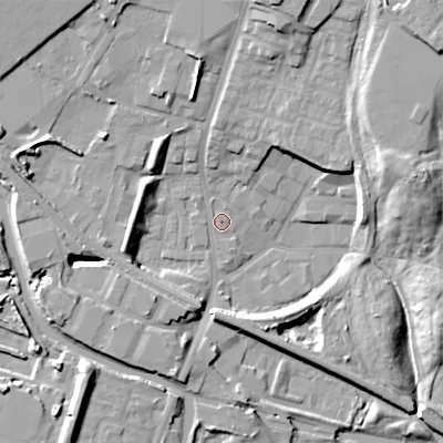Shaded relief map of the ground around DY49ER, computed from Environment Agency LiDAR. The ground here sits at about 141 m above sea level and falls 17 m across the surrounding 800 m. Surface water reaching this point runs off ground lying to the north-north-west, 12.8 m higher.