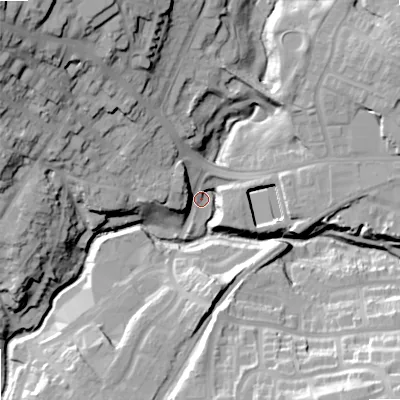 Shaded relief map of the ground around DY52AH, computed from Environment Agency LiDAR. The ground here sits at about 81 m above sea level and falls 48 m across the surrounding 800 m. Surface water reaching this point runs off ground lying to the west-north-west, 10.4 m higher.