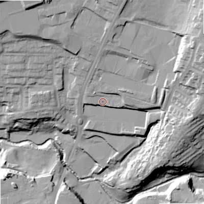 Shaded relief map of the ground around DY52LD, computed from Environment Agency LiDAR. The ground here sits at about 92 m above sea level and falls 45 m across the surrounding 800 m. Surface water reaching this point runs off ground lying to the north-east, 28.3 m higher.
