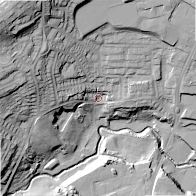 Shaded relief map of the ground around DY52LX, computed from Environment Agency LiDAR. The ground here sits at about 83 m above sea level and falls 63 m across the surrounding 800 m. Surface water reaching this point runs off ground lying to the north-west, 50.6 m higher.