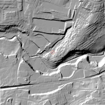 Shaded relief map of the ground around DY52PH, computed from Environment Agency LiDAR. The ground here sits at about 81 m above sea level and falls 43 m across the surrounding 800 m. Surface water reaching this point runs off ground lying to the north-east, 27.1 m higher.