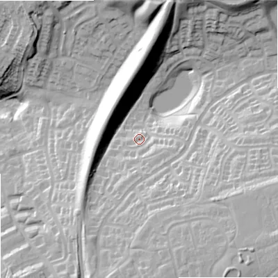 Shaded relief map of the ground around DY53RQ, computed from Environment Agency LiDAR. The ground here sits at about 96 m above sea level and falls 48 m across the surrounding 800 m. Surface water reaching this point runs off ground lying to the south-east, 36.1 m higher.