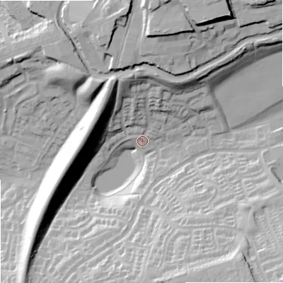 Shaded relief map of the ground around DY53YU, computed from Environment Agency LiDAR. The ground here sits at about 92 m above sea level and falls 37 m across the surrounding 800 m. Surface water reaching this point runs off ground lying to the south-east, 34.5 m higher.