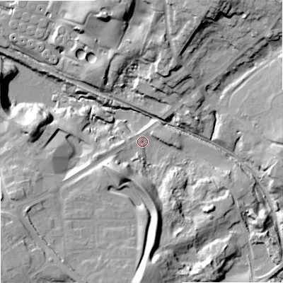 Shaded relief map of the ground around DY54UG, computed from Environment Agency LiDAR. The ground here sits at about 99 m above sea level and falls 35 m across the surrounding 800 m. Surface water reaching this point runs off ground lying to the south, 22.5 m higher.