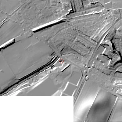 Shaded relief map of the ground around DY60AN, computed from Environment Agency LiDAR. The ground here sits at about 67 m above sea level and falls 27 m across the surrounding 800 m. Surface water reaching this point runs off ground lying to the east-north-east, 26.1 m higher.