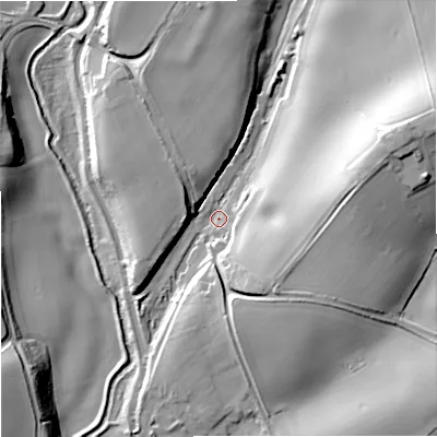 Shaded relief map of the ground around DY60AQ, computed from Environment Agency LiDAR. The ground here sits at about 59 m above sea level and falls 31 m across the surrounding 800 m. Surface water reaching this point runs off ground lying to the east-north-east, 28.4 m higher.