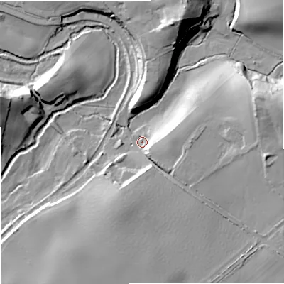 Shaded relief map of the ground around DY60BA, computed from Environment Agency LiDAR. The ground here sits at about 61 m above sea level and falls 28 m across the surrounding 800 m. Surface water reaching this point runs off ground lying to the east-north-east, 25.3 m higher.