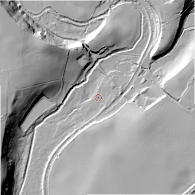 Shaded relief map of the ground around DY60BB, computed from Environment Agency LiDAR. The ground here sits at about 60 m above sea level and falls 31 m across the surrounding 800 m. Surface water reaching this point runs off ground lying to the east-south-east, 2.0 m higher.