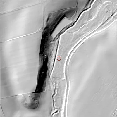 Shaded relief map of the ground around DY60BD, computed from Environment Agency LiDAR. The ground here sits at about 58 m above sea level and falls 30 m across the surrounding 800 m. Surface water reaching this point runs off ground lying to the north-west, 29.7 m higher.