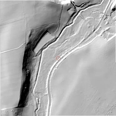 Shaded relief map of the ground around DY60BG, computed from Environment Agency LiDAR. The ground here sits at about 59 m above sea level and falls 31 m across the surrounding 800 m. Surface water reaching this point runs off ground lying to the east-north-east, 2.7 m higher.