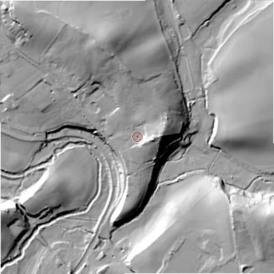 Shaded relief map of the ground around DY60BH, computed from Environment Agency LiDAR. The ground here sits at about 74 m above sea level and falls 32 m across the surrounding 800 m. Surface water reaching this point runs off ground lying to the east, 9.3 m higher.