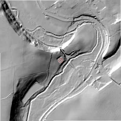 Shaded relief map of the ground around DY60BJ, computed from Environment Agency LiDAR. The ground here sits at about 66 m above sea level and falls 31 m across the surrounding 800 m. Surface water reaching this point runs off ground lying to the north-west, 12.1 m higher.