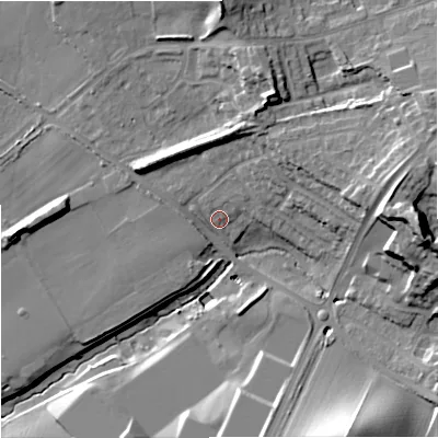 Shaded relief map of the ground around DY60DZ, computed from Environment Agency LiDAR. The ground here sits at about 71 m above sea level and falls 28 m across the surrounding 800 m. Surface water reaching this point runs off ground lying to the east-north-east, 14.7 m higher.