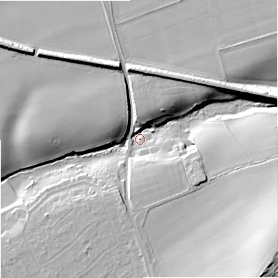 Shaded relief map of the ground around DY67DA, computed from Environment Agency LiDAR. The ground here sits at about 71 m above sea level and falls 30 m across the surrounding 800 m. Surface water reaching this point runs off ground lying to the east-south-east, 18.5 m higher.