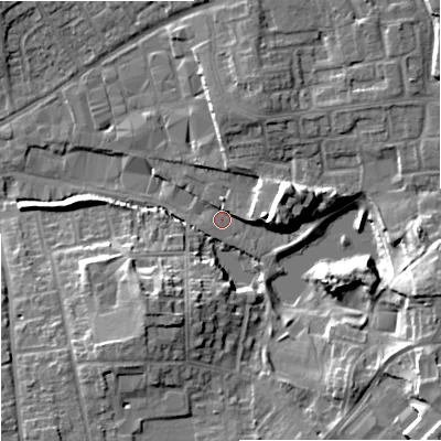 Shaded relief map of the ground around DY67QQ, computed from Environment Agency LiDAR. The ground here sits at about 76 m above sea level and falls 15 m across the surrounding 800 m. Surface water reaching this point runs off ground lying to the south-east, 13.7 m higher.