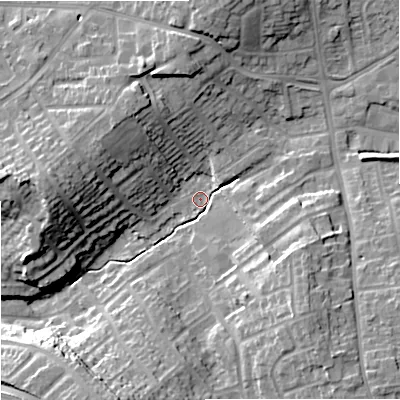 Shaded relief map of the ground around DY69AS, computed from Environment Agency LiDAR. The ground here sits at about 73 m above sea level and falls 18 m across the surrounding 800 m. Surface water reaching this point runs off ground lying to the south-east, 12.9 m higher.